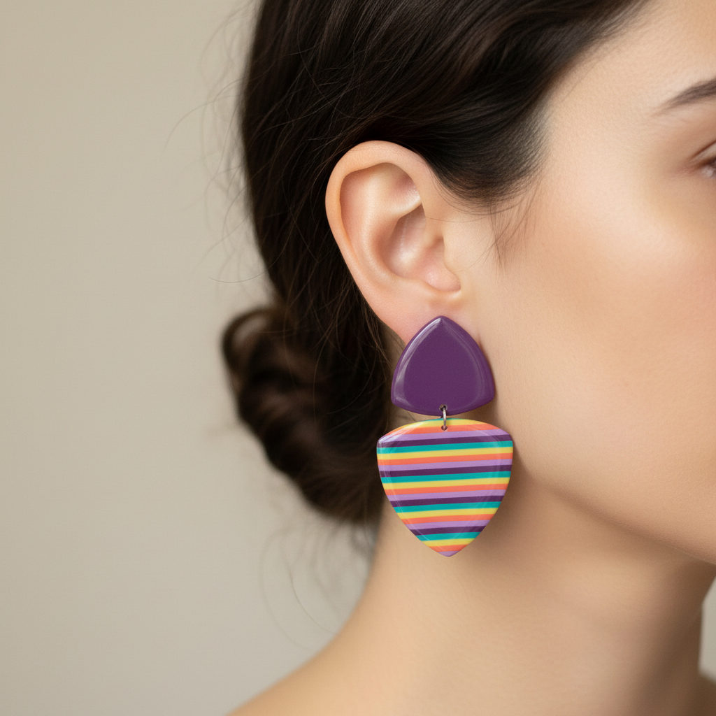 Brincos triângulo roxo lilás coração escudo riscas arco-íris