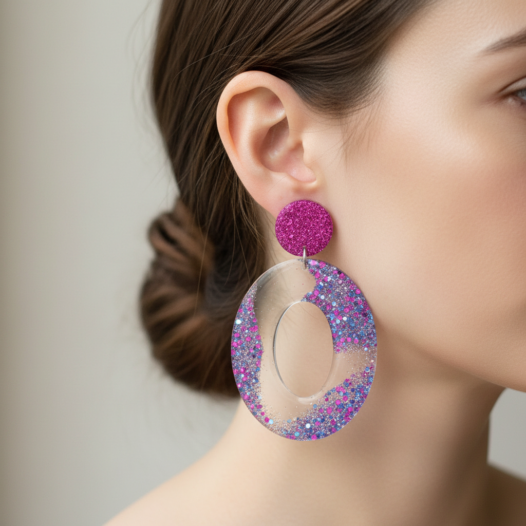 Brincos círculo rosa com oval vazado transparente e glitter multicolor