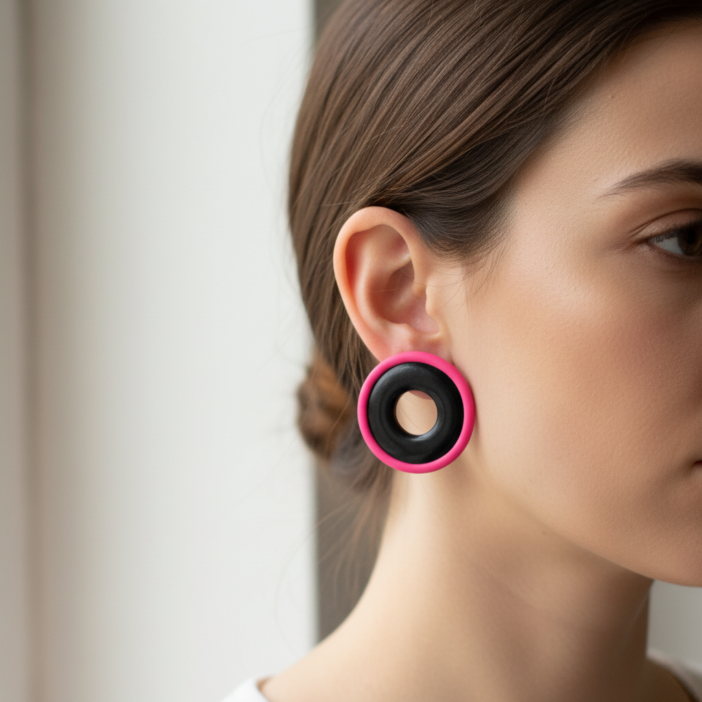 Brincos circular vazado donut rosa pink neon com centro preto - tamanho statement