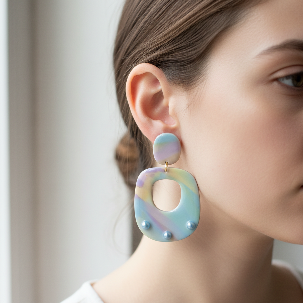 Brincos ovais degradê pastel marshmallow com pérolas azul-turquesa