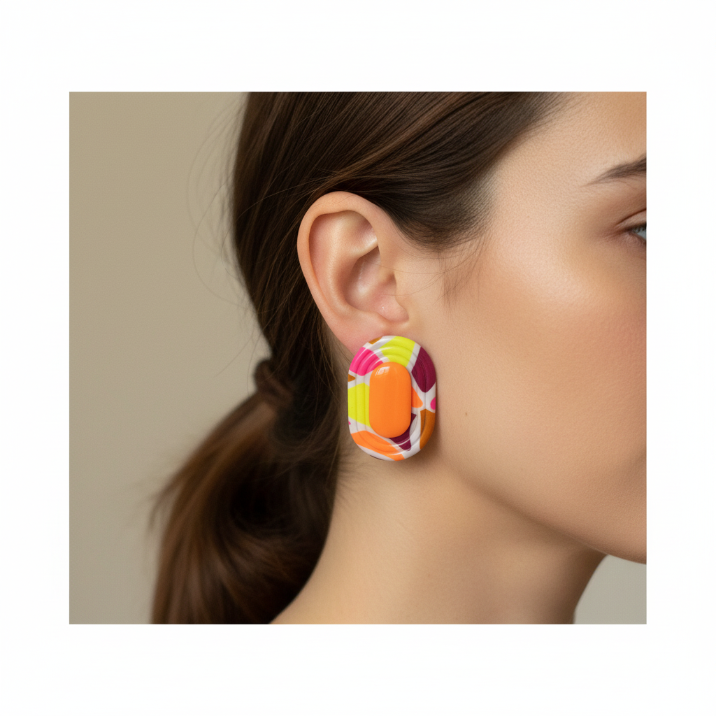 Brincos oval statement grande centro laranja neon 5cm x 3,5cm