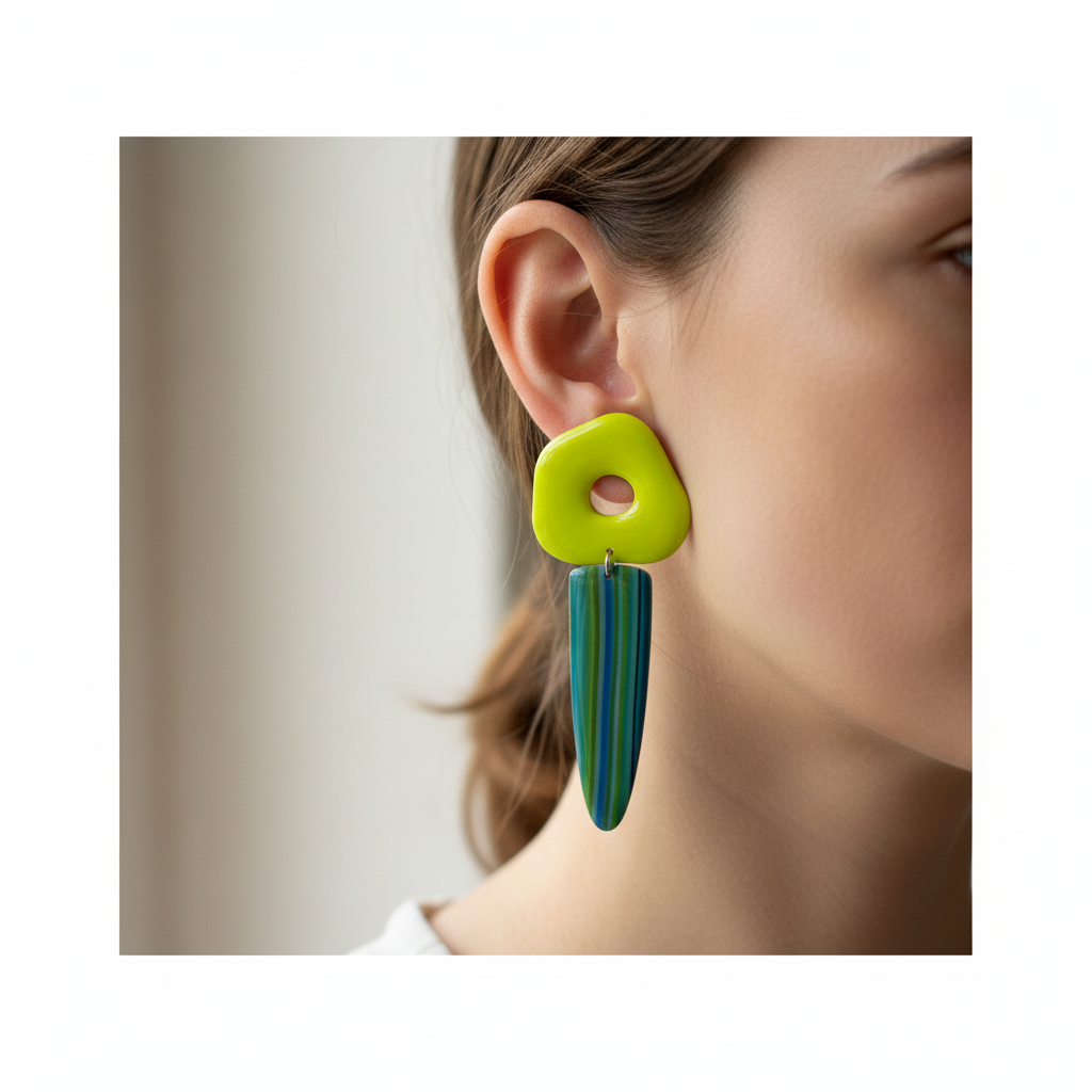 Brincos pedra seixo amarelo neon com gota riscas verticais Cidadela