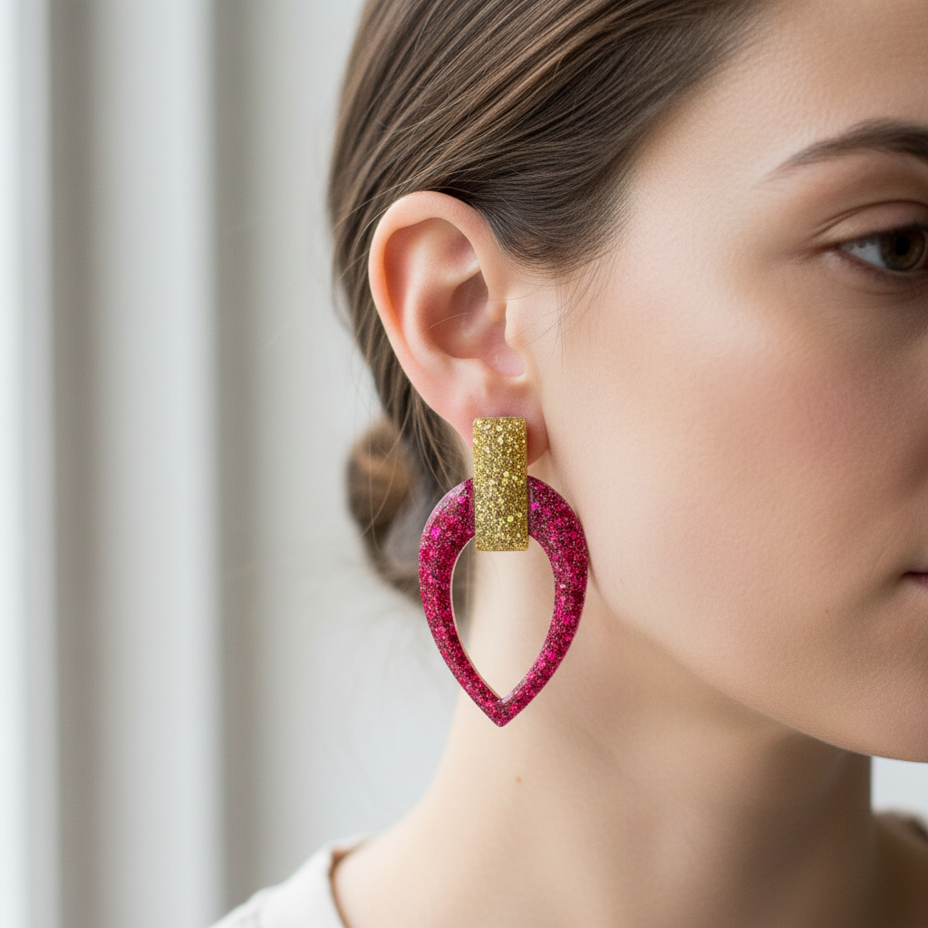 Brincos retângulo dourado com gota vazada rosa pink - tamanho delicado
