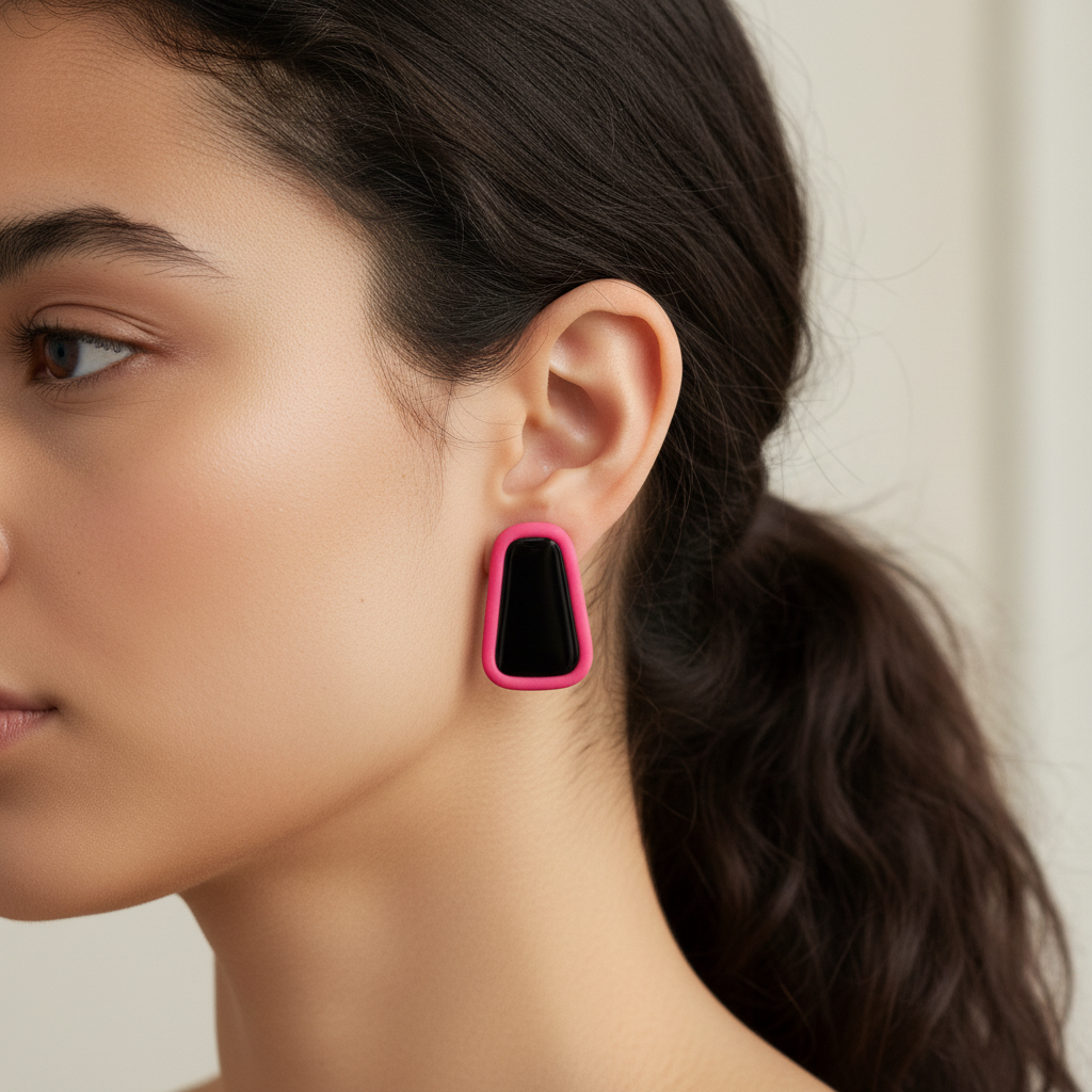 Brincos retangular arredondado vazado rosa pink neon com centro preto