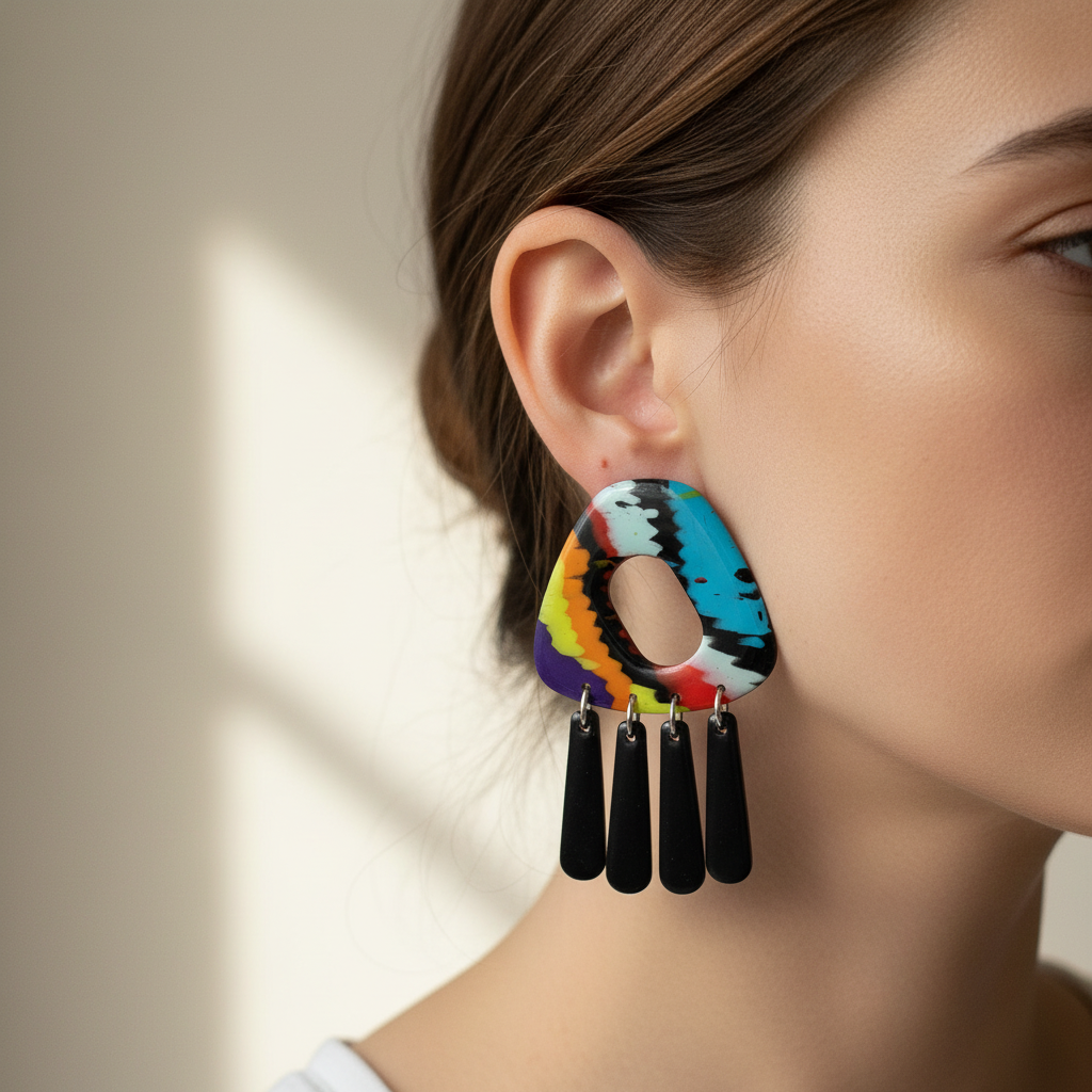 Brincos triângulo vazado padrão abstrato multicolor com retângulos pretos Tribo